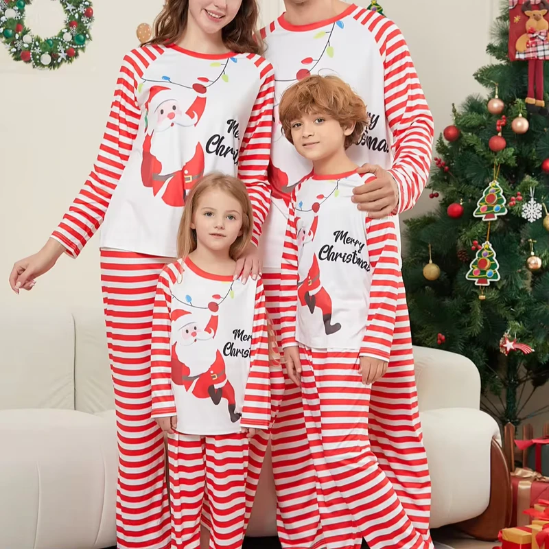 CHINEE Customized Low MOQ Family Nightwear Women Man Pajamas Holiday Casual Stripe Christmas Santa Printed Elastic Waist