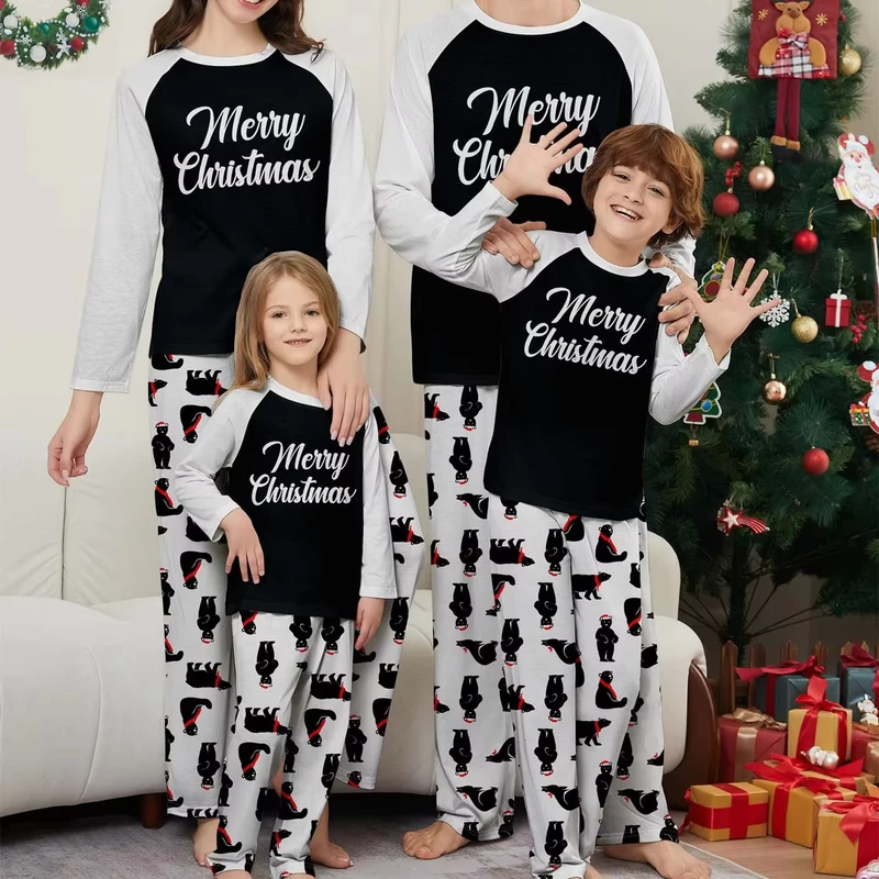 CHINEE Customized Low MOQ Plus Size Thermal Winter Polyester Pullover Long Sleeve Black White Family Christmas Pajamas
