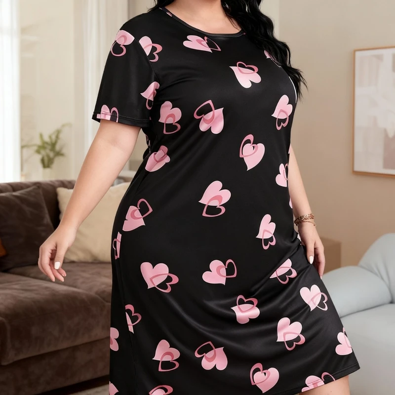 CHINEE Customized Plus size Women's Casual Home Wear Heart Print Short sleeved T shirt Style Nightgown pajamas