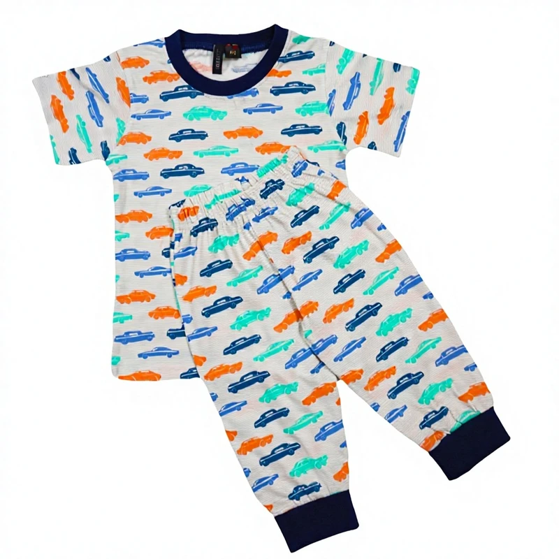CHINEE Customized Short Sleeve Children's Pajama Set Long Pants Girls Boys 100% Cotton Car Print Plain Dyed SIKA Brand OEM ODM Low MOQ
