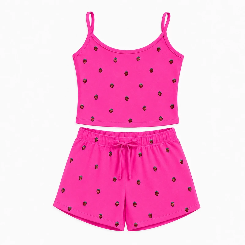 CHINEE Customized Women Knitted Strawberry Print Above Knees Pajamas Camisole Shorts Two Piece Set Summer Home Wear For Women