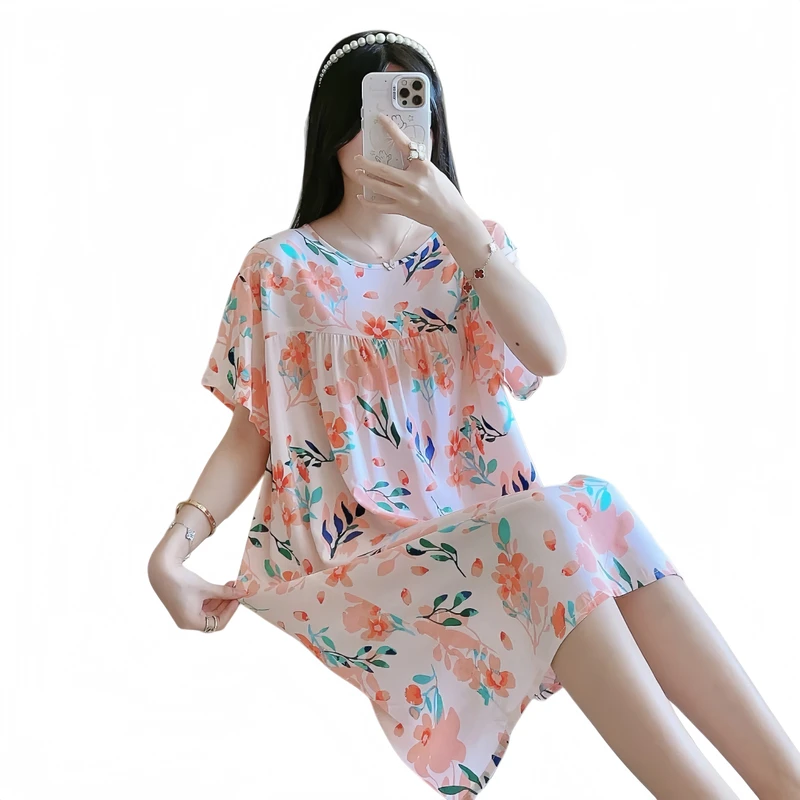 CHINEE Customized Women's All-Season Cotton Pajamas Plus Size Sexy Soft Loose Night Dress with Short Sleeves and Elastic Waist