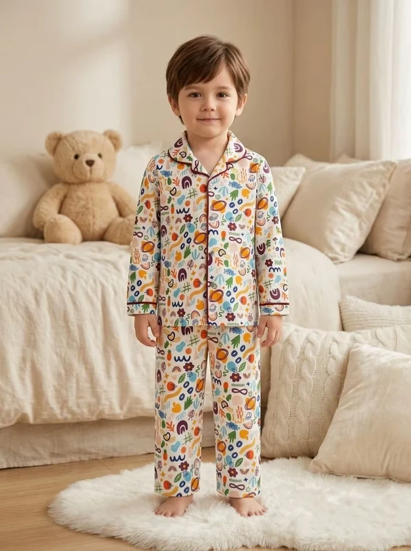 CHINEE Cute Printed Cotton Pajama Set Long Sleeve Turn-down Collar Soft Sleepwear for Infants & Toddlers Full-Season Wear