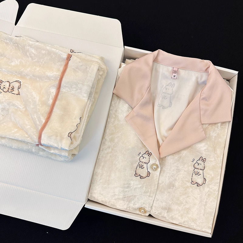 CHINEE Cute Rabbit Golden Velvet Sleepwear Women's Autumn Winter Long Sleeve Pants Sweet and Cute Warm Home Clothes Two Piece Set