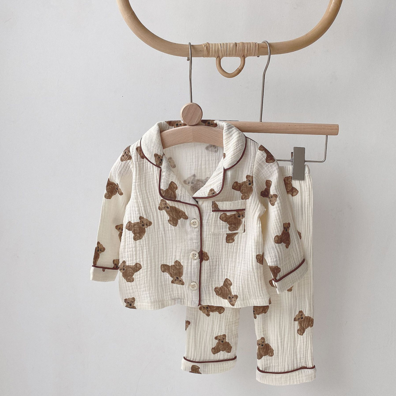 CHINEE Cute Toddler Pajamas Set Children's Clothing Baby Sleepwear Boy Girls Robe Long Sleeve Bear Cardigan and Pants Cotton Sleepwear