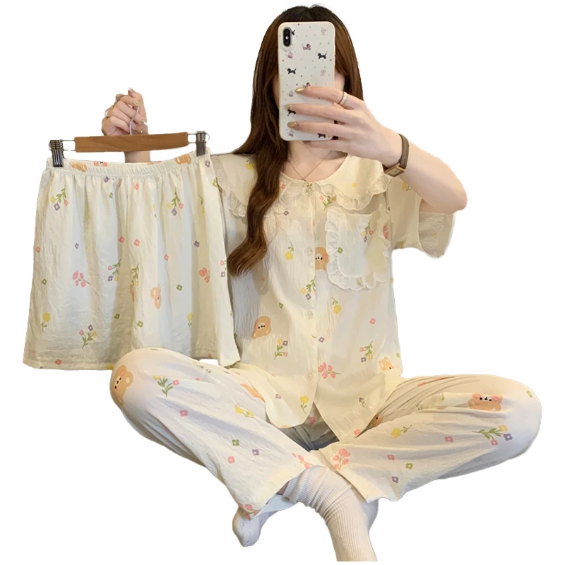 CHINEE DDP Fashion Women's Pajamas Three piece Sleepwear Set Sweet Print Long Sleeve Long Pants Ladies Nighty Home Wear