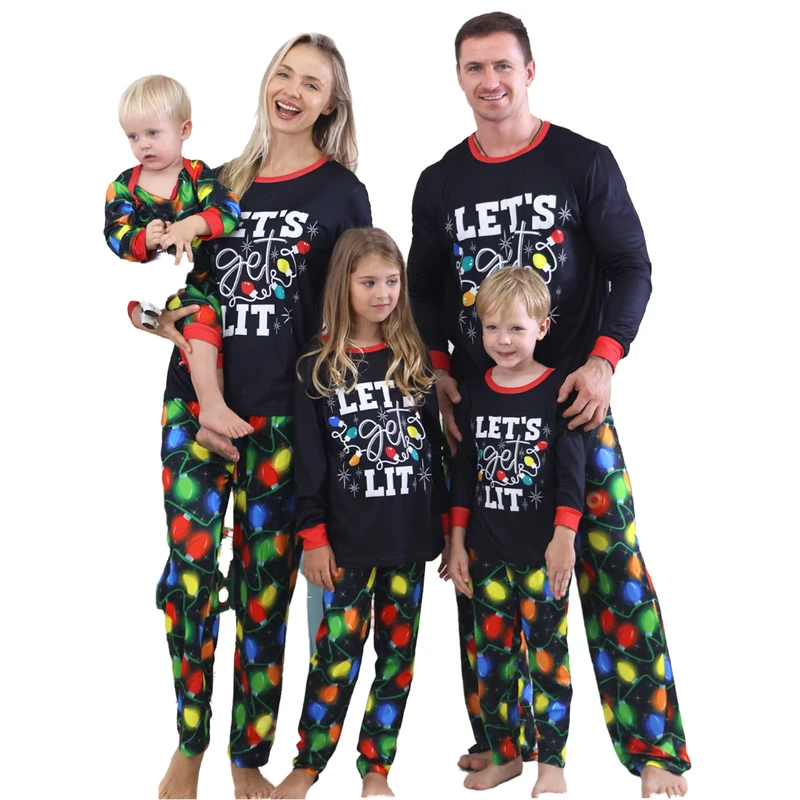CHINEE DDP New Christmas Cartoon Letter Print Long Sleeve Knitted Pajama Set Matching Family Christmas Crew Pajamas Family Sleepwear