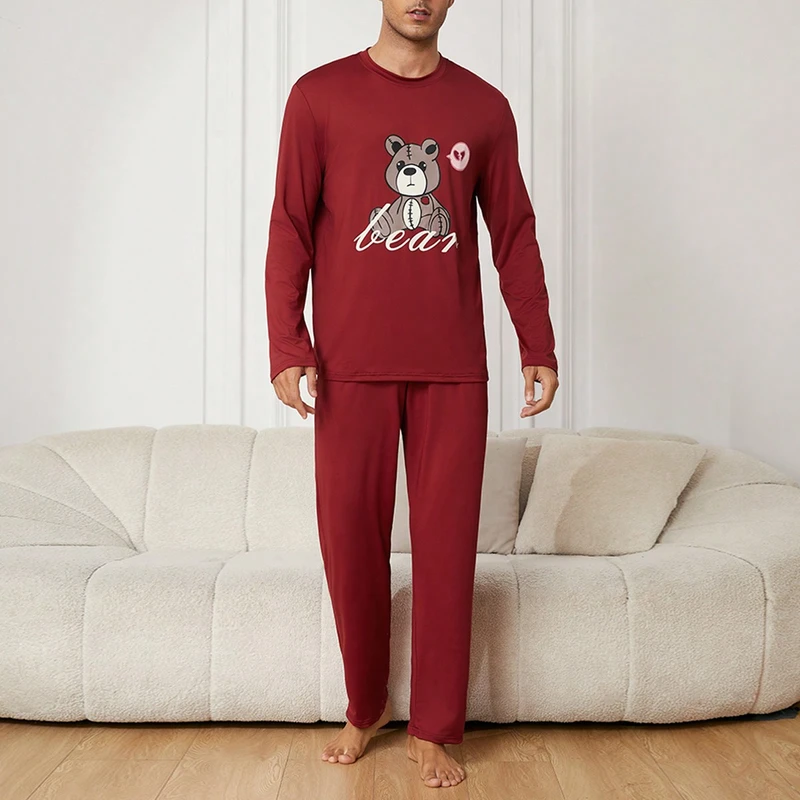 CHINEE Daily Men 2 Piece Sleepwear Set Leisure Long Sleeve Night Wear Cute Cartoon Bear Print Pajamas Set