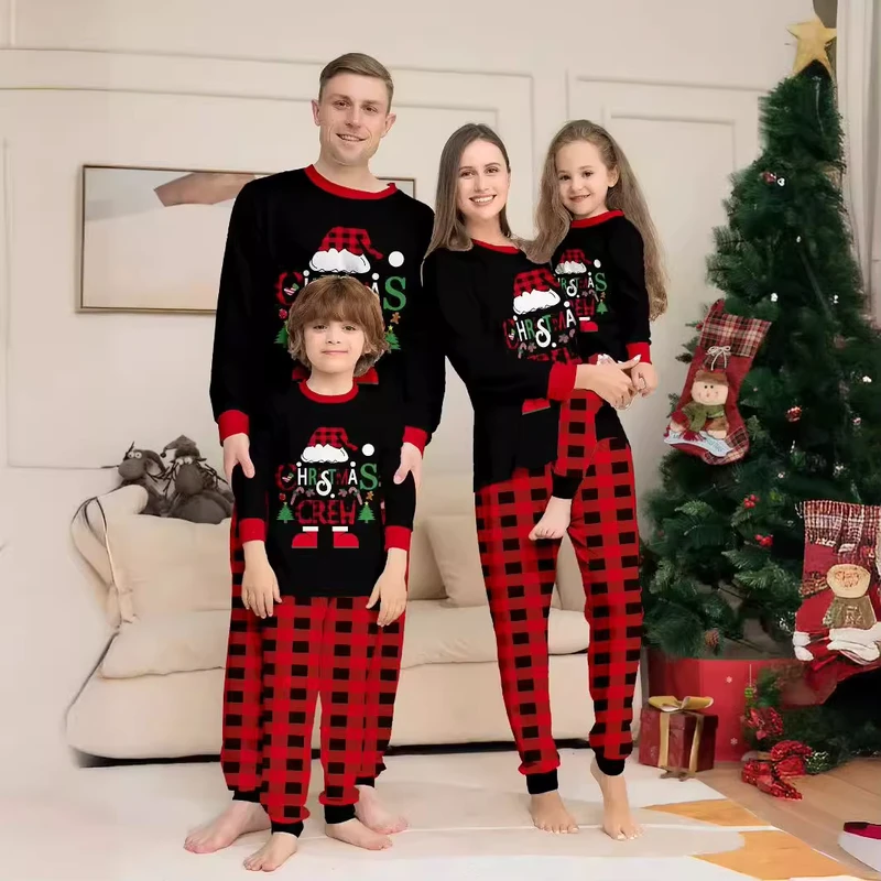 CHINEE Deer Letters Printed Cotton Crew Pajamas Set Matching Family Christmas Pajamas Elastic Waist family pajamas for Winter