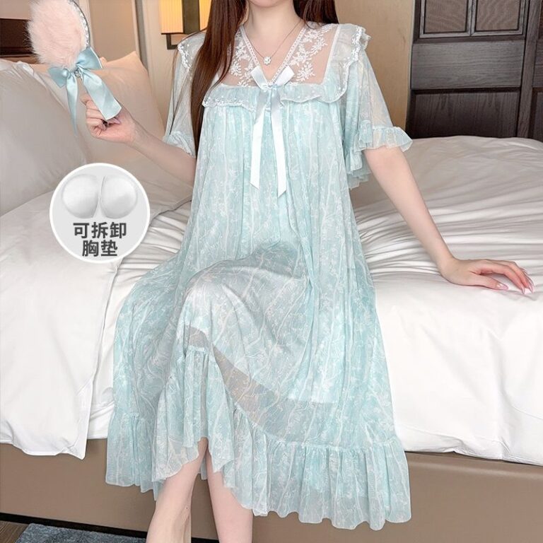CHINEE-Detachable-Chest-Cushion-Mesh-Nightgown-Womens-Summer-Short-Sleeve-LaceTrim-Bow-V-neck-Princess-Style-Nightdress
