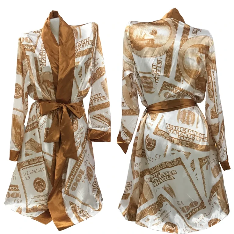 CHINEE Dollar Money Print Silk Sleepwear Night Gown Robe Pajama Sexy Bathrobe Lounge Wear Kimono Satin Robes for Women