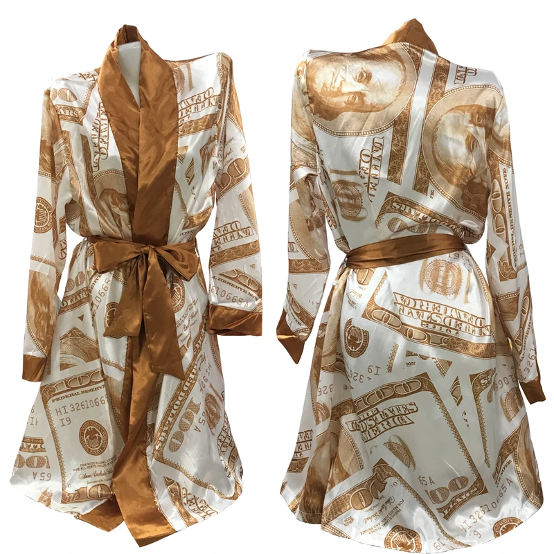 CHINEE Dollar Money Print Silk Sleepwear Night Gown Robe Pajama Sexy Bathrobe Lounge Wear Kimono Satin Robes for Women
