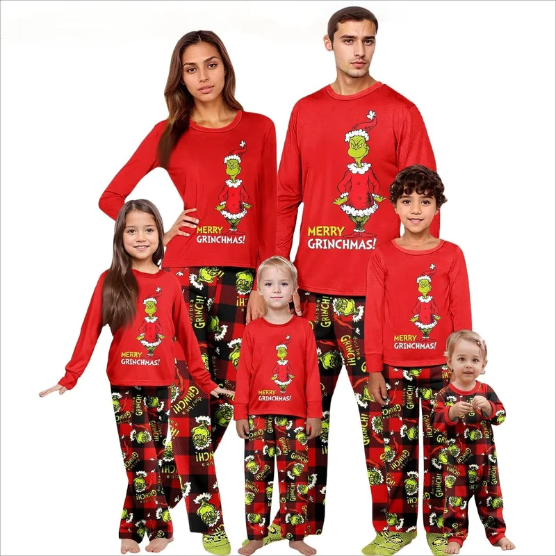 CHINEE Drop Shipping Fun Holiday Grinch Christmas Pajamas Set for Adults & Kids Custom 2 Piece Elastic Waist 35% Cotton Sleepwear