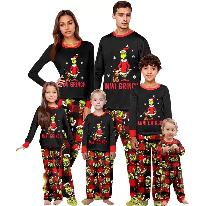 CHINEE Drop Shipping Toddler Kids Boys Baby Girls Adult Child Pajamas Grinch Christmas Print Family Matching Elastic Waist Summer