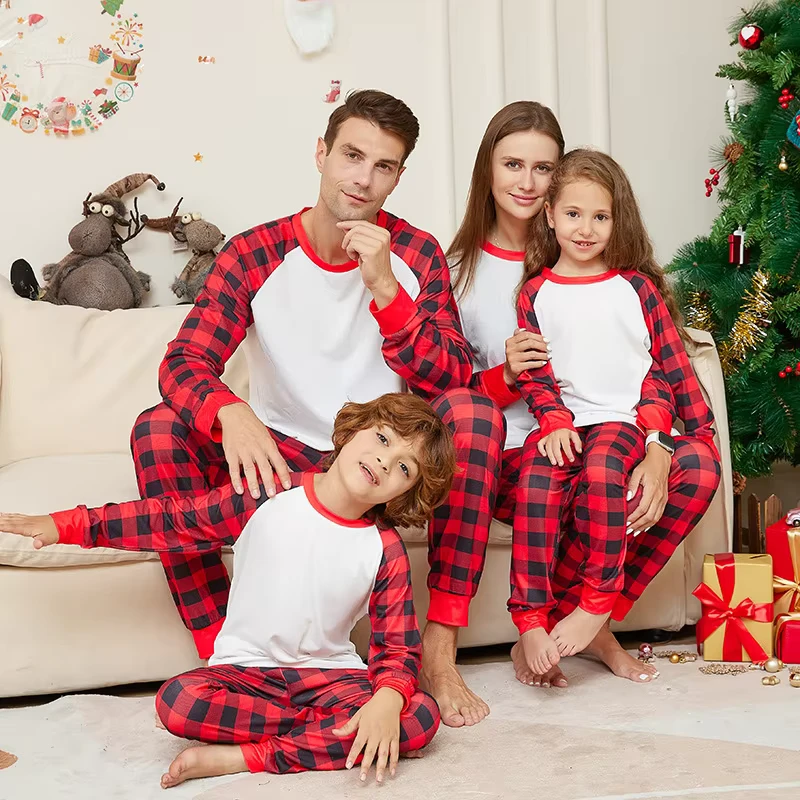 CHINEE Dropshipping 2 Pieces Family Matching Plaid Parent Child Christmas Loungewear Pajamas Set Elastic Waist Long Sleeve Logo Front