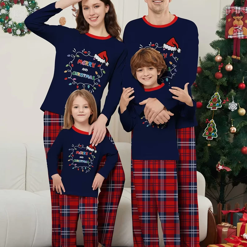 CHINEE Dropshipping Customized Christmas Women's Pajamas Family Thermal Knitted Elastic Waist Includes Santa's Hat Letter Print Fairy