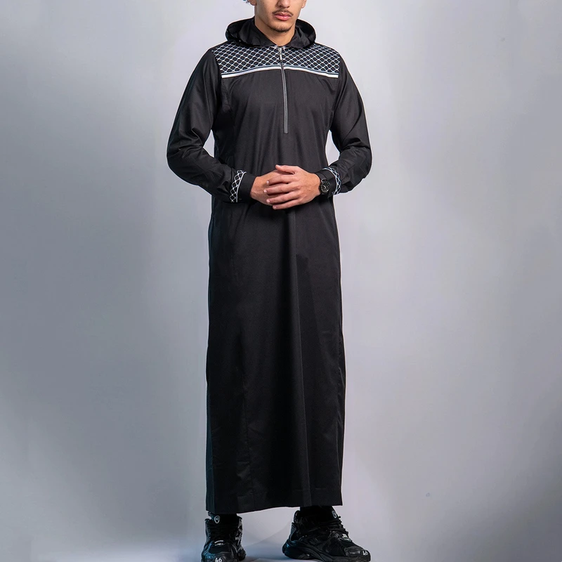 CHINEE Dubai Style Eid Prayer Solid Summer Modest Men's Long Sleeve Islamic Robe Embroidered Hood Casual Loose Fit Breathable