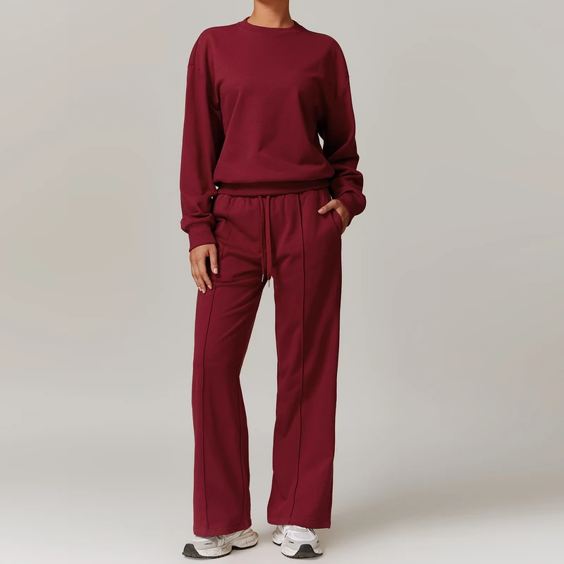 CHINEE EU US Women's Long Sleeve Jumper and Drawstring Pockets Joggers Pants Breathable Cotton Casual 2PCS Lounge Set