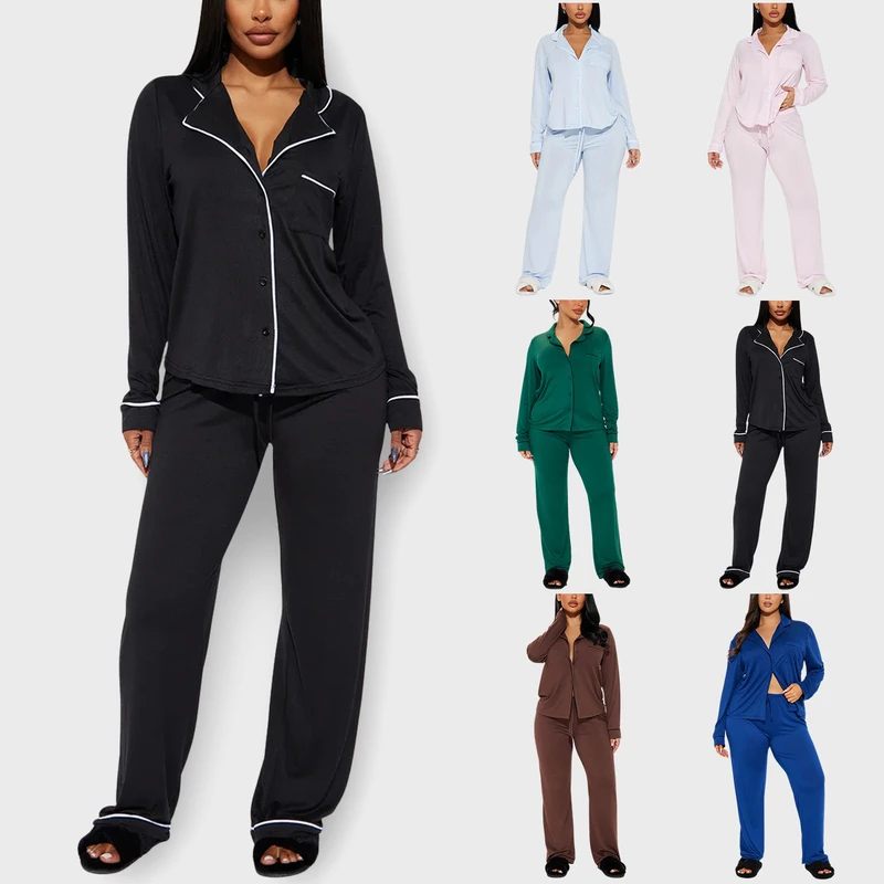 CHINEE Eco Friendly Viscose Blend Women's Sleepwear Set Long Sleeve Pajamas Elastic Waist for Autumn Spring Elegant Home Loungewear