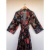 CHINEE Elegant Bohemian Floral Velvet Kimono Robe Soft Long Sleeve Modest Drawstring Closure Night Wear for Women