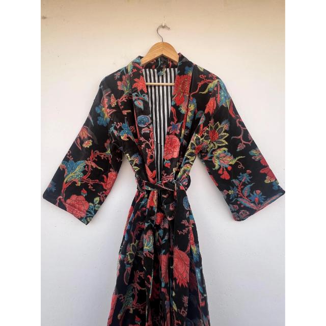 CHINEE Elegant Bohemian Floral Velvet Kimono Robe Soft Long Sleeve Modest Drawstring Closure Night Wear for Women