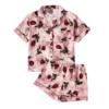 CHINEE Elegant Casual Two Piece Women's Woven Breathable Soft Sleepwear Set Short Sleeve Lapel Button Up Top Elastic Waist Summer