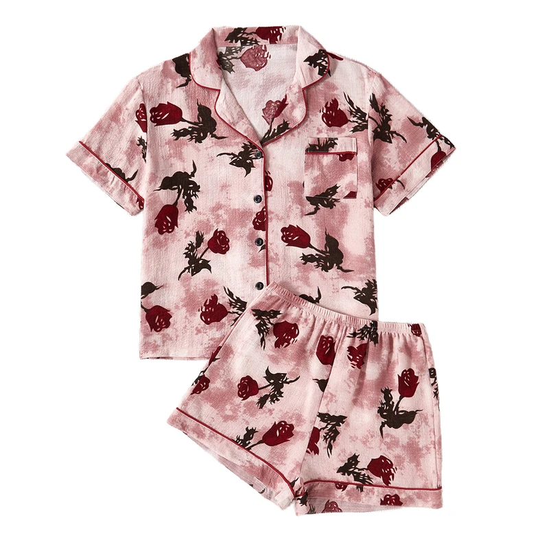 CHINEE Elegant Casual Two Piece Women's Woven Breathable Soft Sleepwear Set Short Sleeve Lapel Button Up Top Elastic Waist Summer