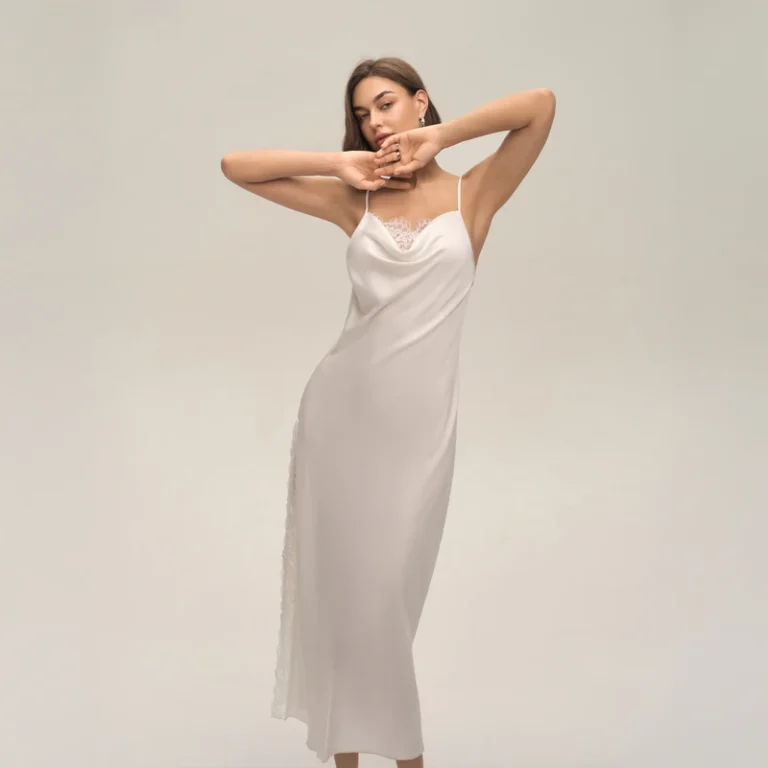 CHINEE-Elegant-Draped-Neck-Satin-Chiffon-Trim-Lace-Detail-Loose-Long-Solid-Elastic-Waist-Nightdress-Womens-Summer-Sleepwear-Home-Dress