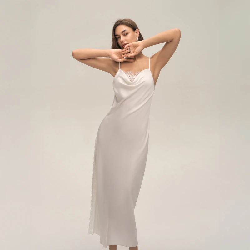 CHINEE Elegant Draped Neck Satin Chiffon Trim Lace Detail Loose Long Solid Elastic Waist Nightdress Womens Summer Sleepwear Home Dress