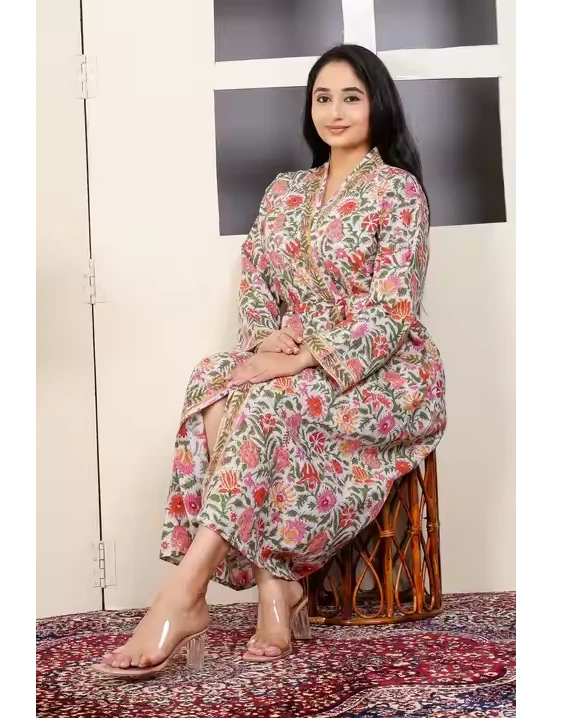 CHINEE Elegant Floral Cotton Kimono Robe for Women with Block Prints Wrap Tie Design and Maxi Length Great for Homewear and Nightwear