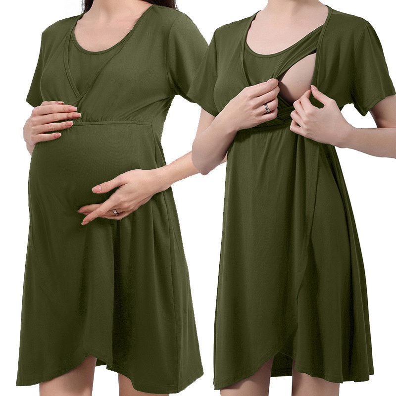 CHINEE Elegant French Style Maternity Gown Nursing Sleep Dress Breathable Polyester Summer Spring for Women's Sleepwear Postpartum Home