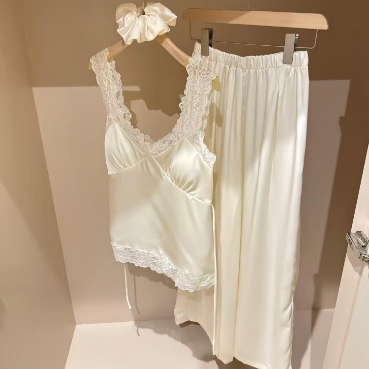 CHINEE Elegant French Style Women Ice Silk Pajamas V Neck Lace Sleepwear 2 Piece Set Smooth Satin Camisole Shorts Home Wear