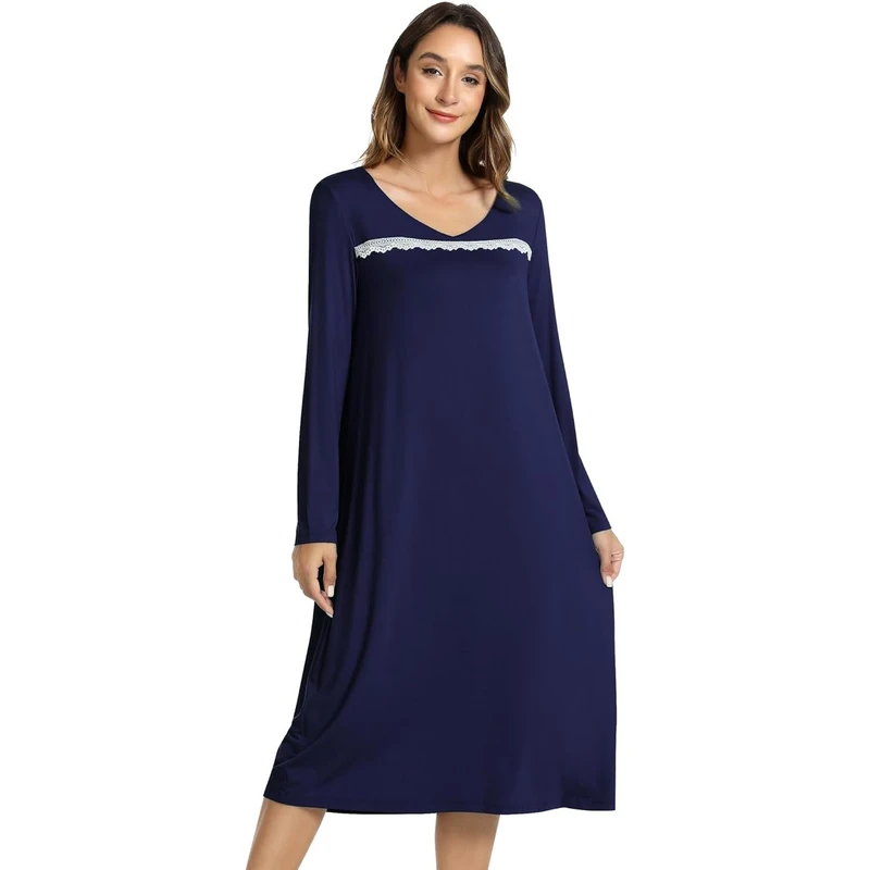 CHINEE Elegant Long Sleeve Nightgown Satin V Neck Women's Sleep Dress Soft Bamboo Viscose Cozy Sleepwear Modal Night Dress Sleep Pajama