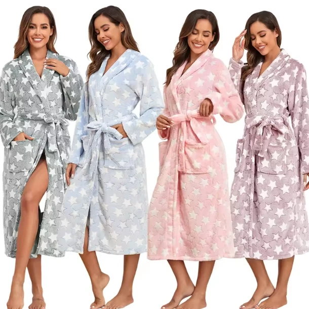 CHINEE-Elegant-Pajamas-for-Women-Printed-Fleece-Bathrobes-Sleeping-Robes-Long-Sleeve-Sleepwear