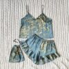 CHINEE Elegant Print Floral Tops Cami Ruffle Hem Pajama Set Loungewear Shorts Women's Sleepwear