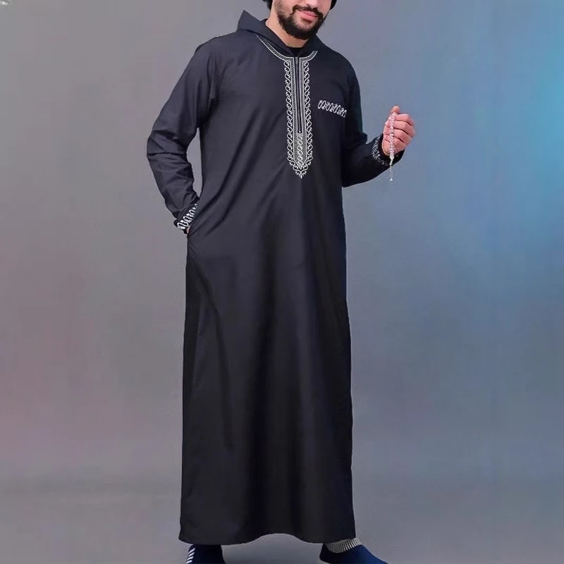 CHINEE Embroidered Moroccan Hooded Black Men Thobe Robe with Zipper Pockets Islamic Clothing Men's Robes Latest Arab Style