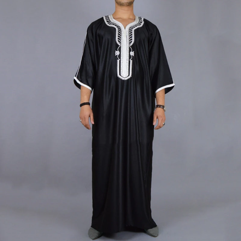 CHINEE Embroidered Moroccan Linen Thobes Men's Muslim Side Pocket Thobe Robe Traditional Jibba Abaya Men's Clothing Jalabiya