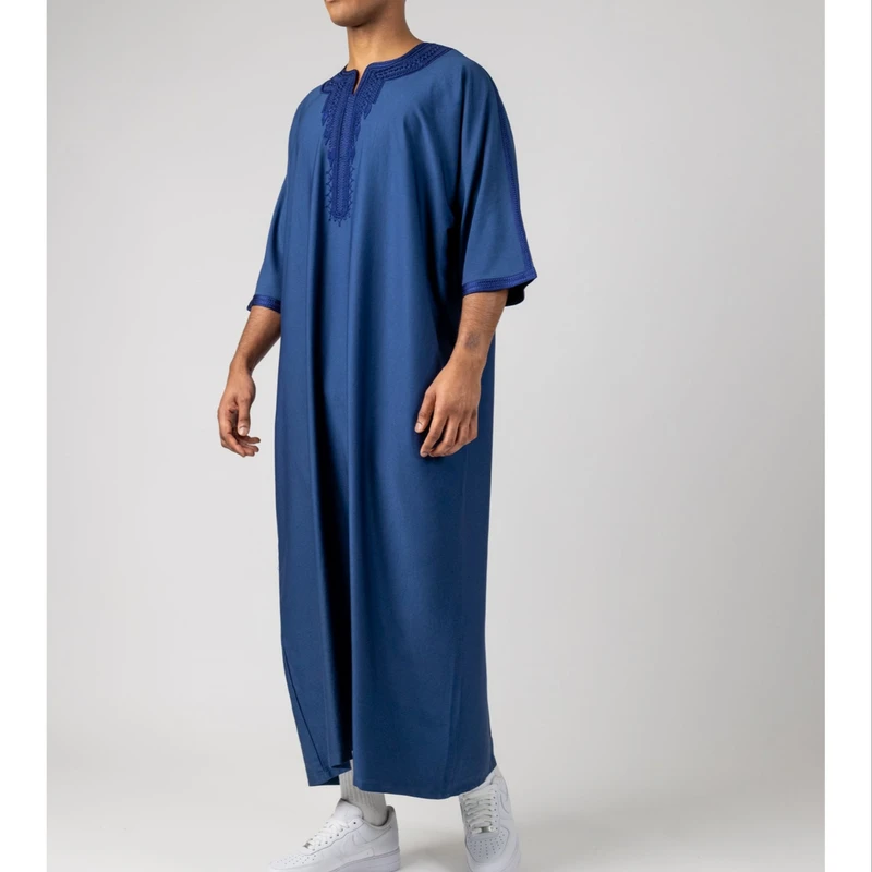 CHINEE Embroidered Moroccan Thobes Men's Muslim Side Pocket Thobe Robe Traditional Jibba Abaya Men's Clothing Jalabiya for Men
