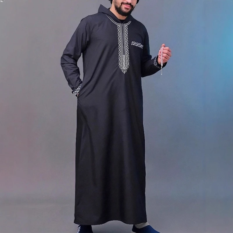CHINEE Embroidery Moroccan Hooded Black Men Thobe Robe With Zipper Pockets Modest Islamic Clothing Stock Men Muslim Thobe