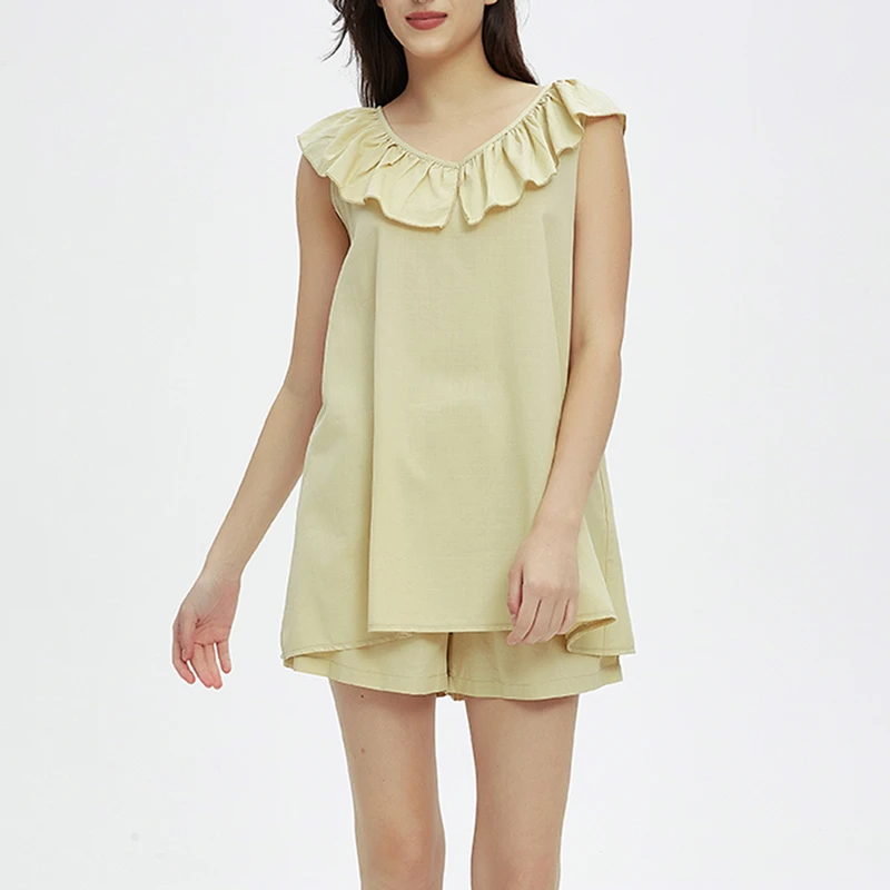 CHINEE Enyami Ruffled Collar Pajamas Women Sleeveless Top and Shorts Nightgown Springs Nightwear Sweet Women's Sleepwear 2 Pieces Set