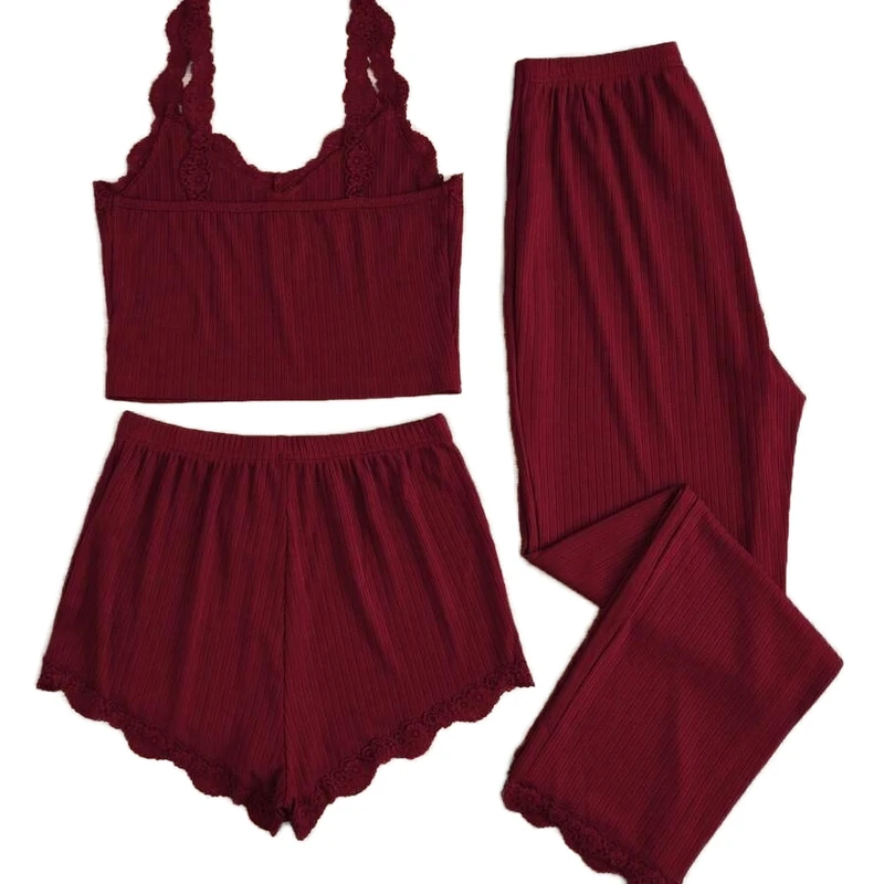 CHINEE Europe United States Lace Edge Camisole Vest Shorts Women's Slim Three Piece Outfit Casual Solid Pattern Elastic Waist