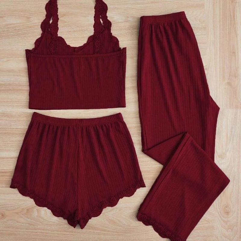 CHINEE Europe United States Lace Edge Camisole Vest Shorts Women's Slim Three Piece Outfit Casual Solid Pattern Elastic Waist