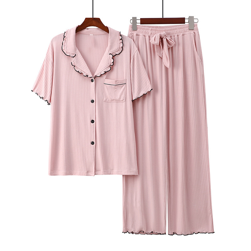 CHINEE Europe and America Ribbed Modal Pajama Women's Spring Summer Short Sleeve Tops Homewear Modal Pajamas Women