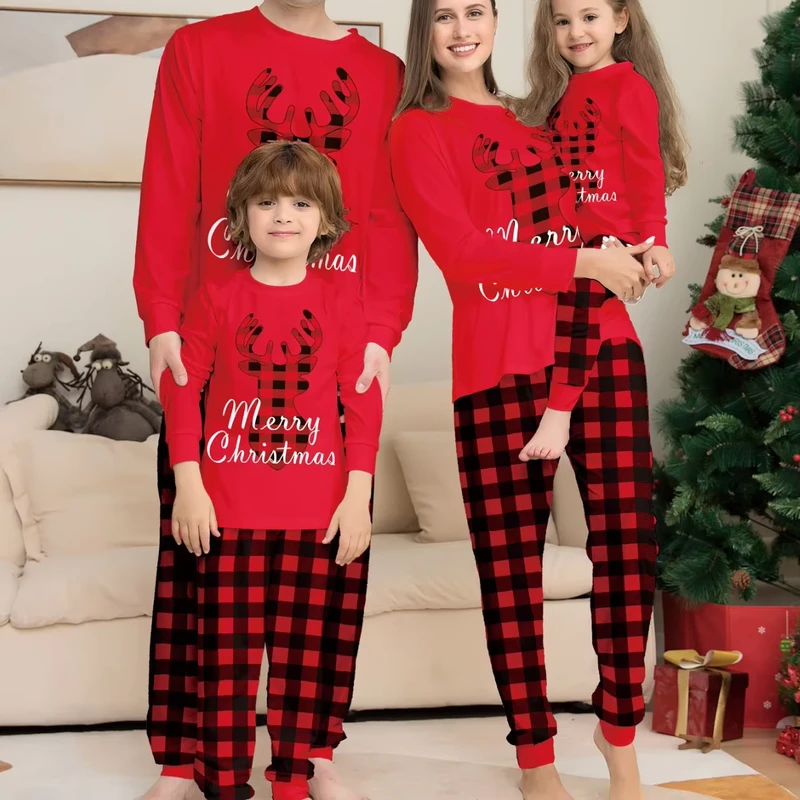 CHINEE European American Christmas Family Matching Pajamas with Reindeer Plaid