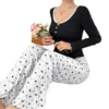 CHINEE European American Comfortable Breathable Lightweight Polyester Women's Printed Trim Patchwork Button Full Length Pants Pajamas