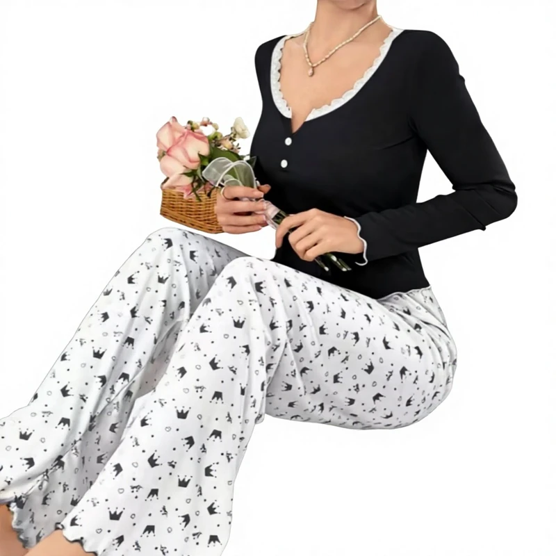 CHINEE European American Comfortable Breathable Lightweight Polyester Women's Printed Trim Patchwork Button Full Length Pants Pajamas