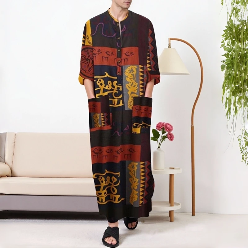 CHINEE European American Men's Casual Robe Muslim Men Abaya MAXI Oracle Bone Elephant Print Polyethersulfone Anti Pilling
