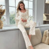 CHINEE European American Style Autumn Winter Homewear Floral Long sleeved Breathable Women Pajamas Full Length Sleepwear