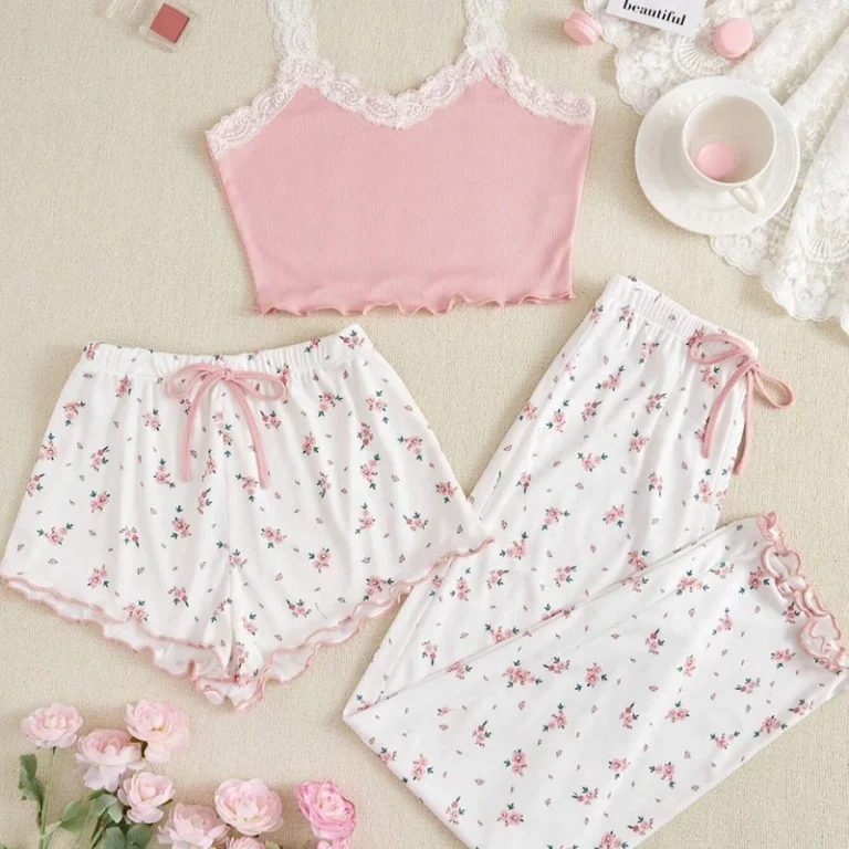 CHINEE-European-American-Style-Homewear-Summer-Lace-Trim-Drawstring-Breathable-V-neck-Floral-Camisole-Pajamas-Womens