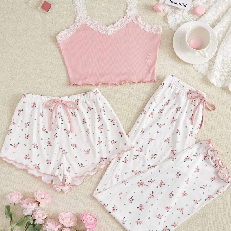 CHINEE European American Style Homewear Summer Lace Trim Drawstring Breathable V neck Floral Camisole Pajamas Women's